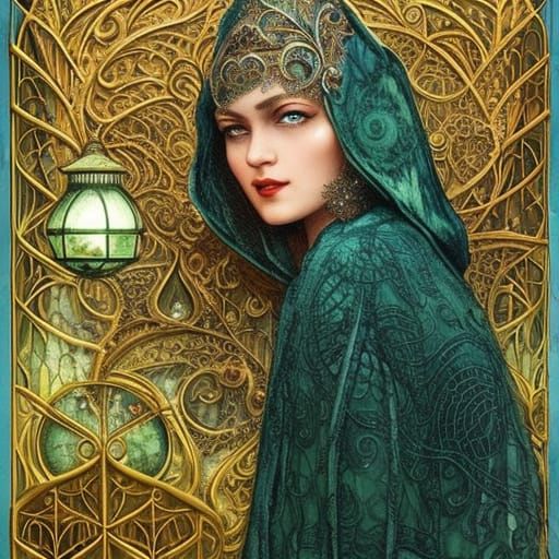Ornate Bohemian Woman with Lantern in Art Deco Style
