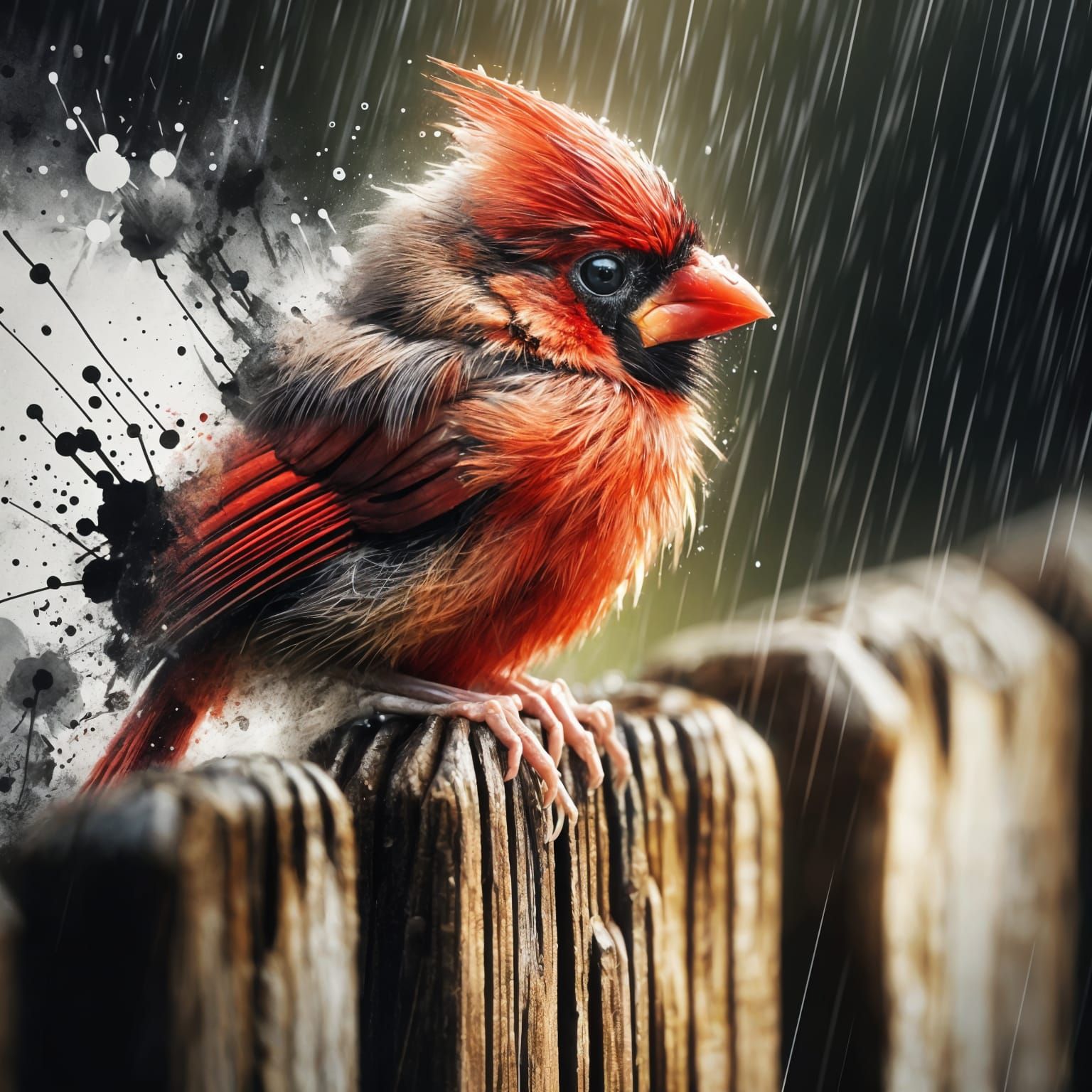 Vibrant Cardinal Perched in Rainy Downpour