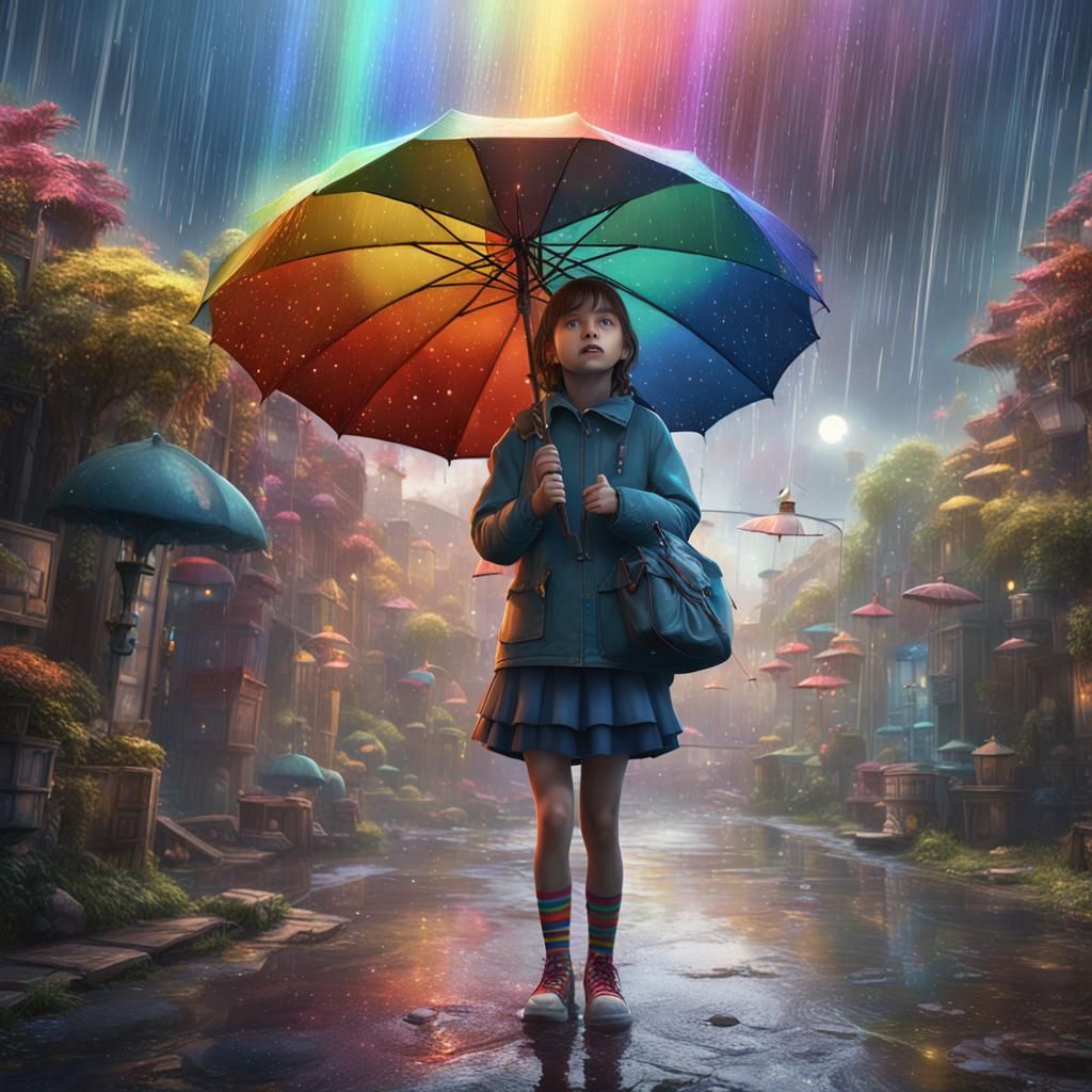 Girl in Rainbow Rain: Detailed Matte Painting