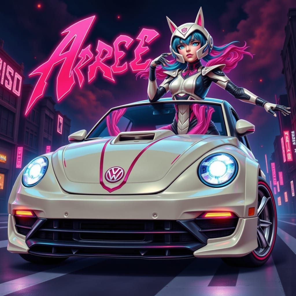 Arcee Autobot Straddles Sporty VW Beetle in Action Painting ...