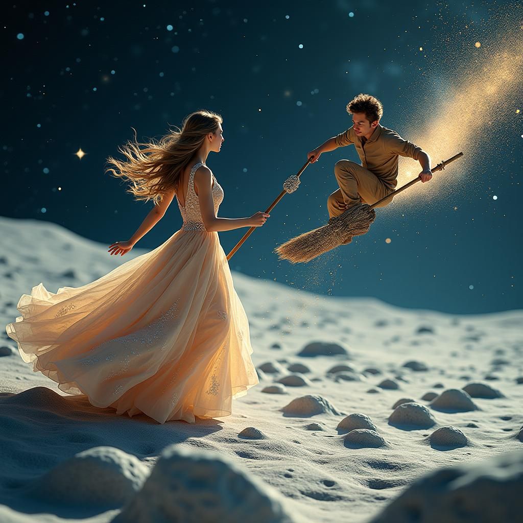 Lunar Stardust Sweepers in Hyperrealistic Style