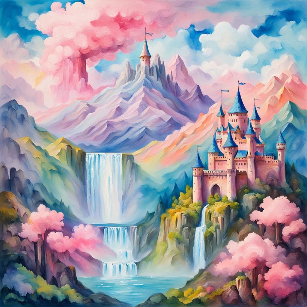 Cotton Candy Cloud Castle: Gouache Impressionist Masterpiece