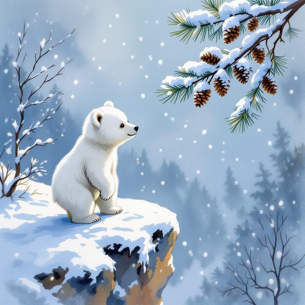 Cute Bear Cub in Winter Blizzard Watercolor Painting