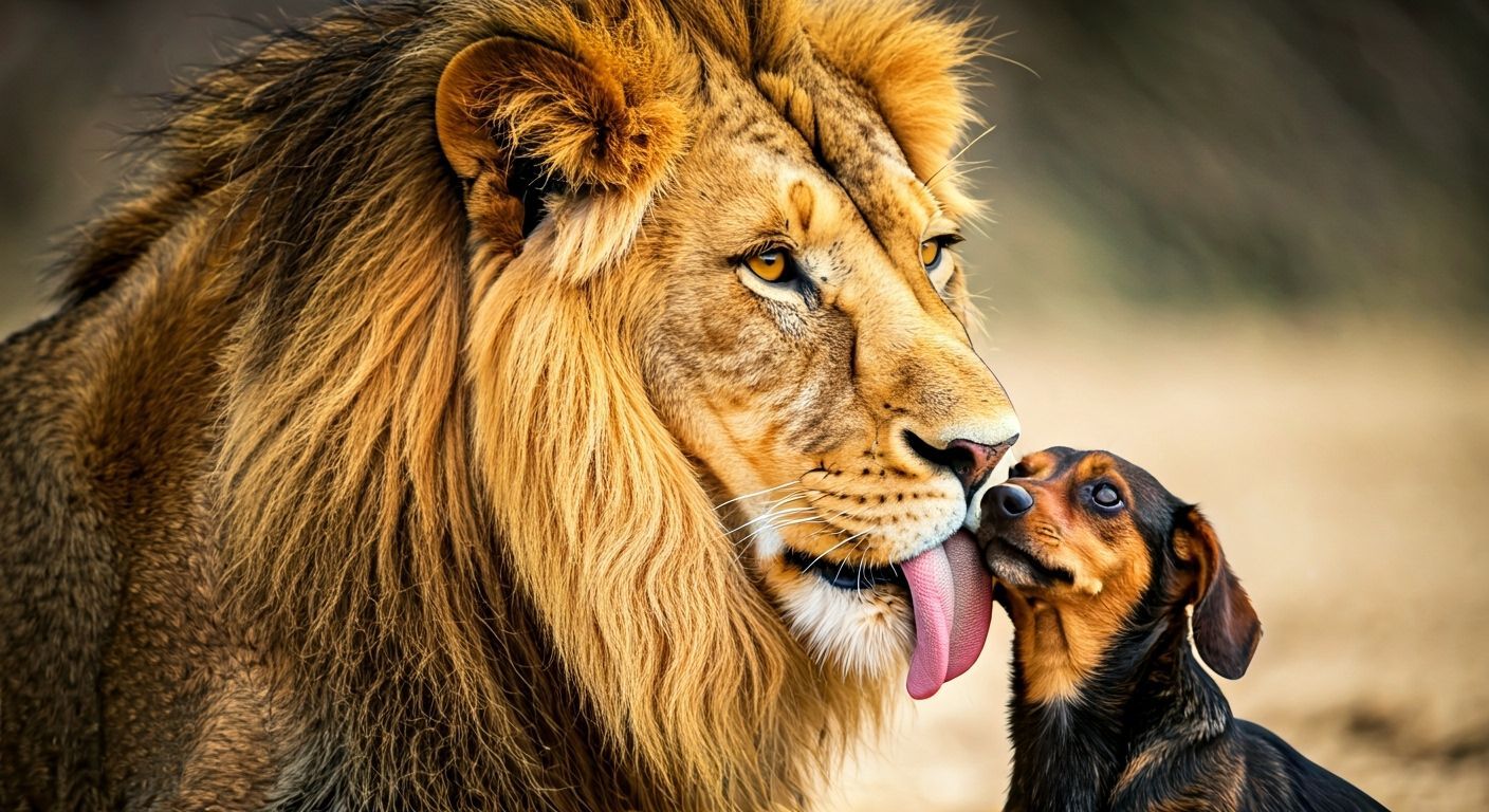 Majestic Lion Licks Weinerdog Fur in Surreal Scene