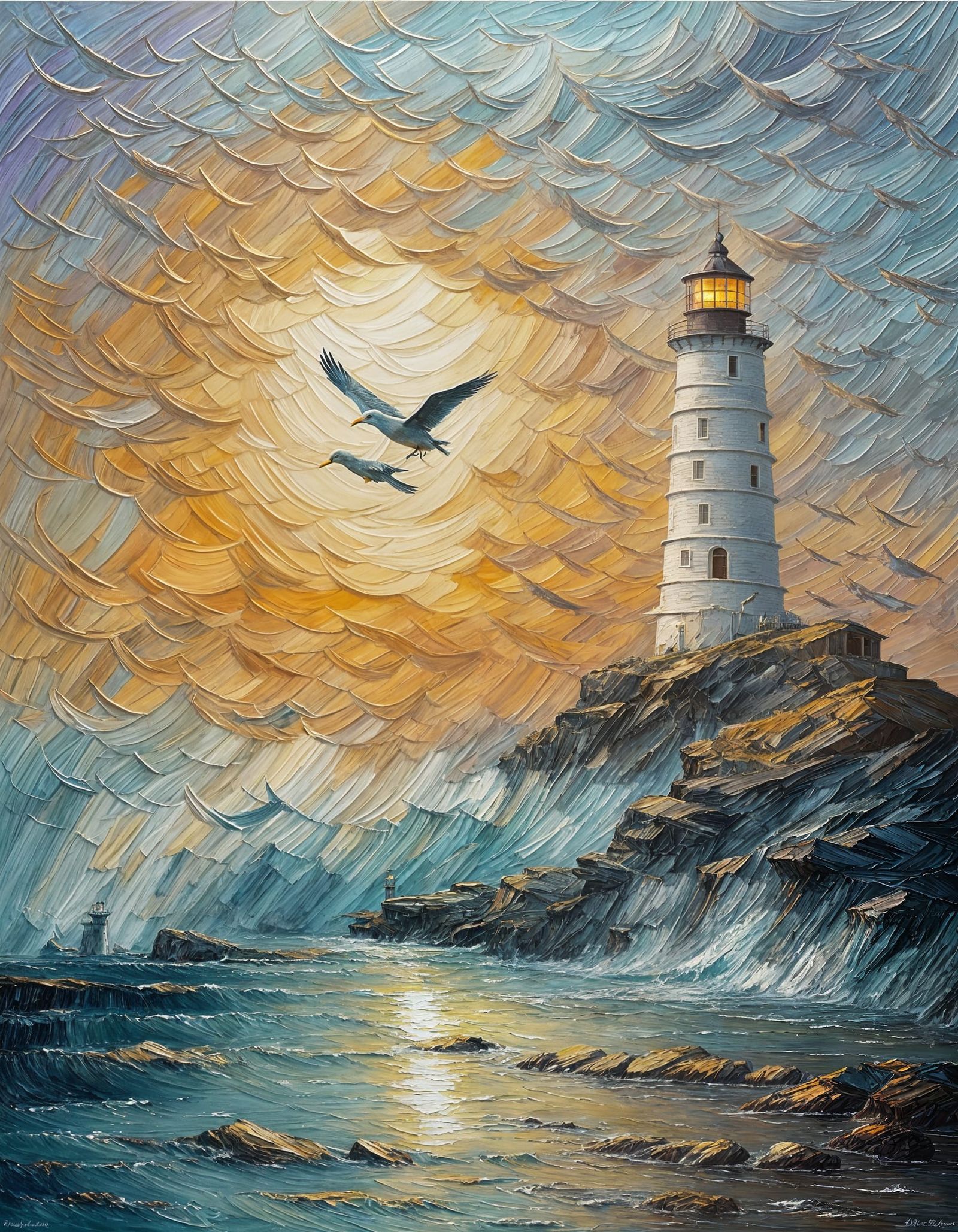 Lighthouse at Dawn: An Impasto Oil Painting