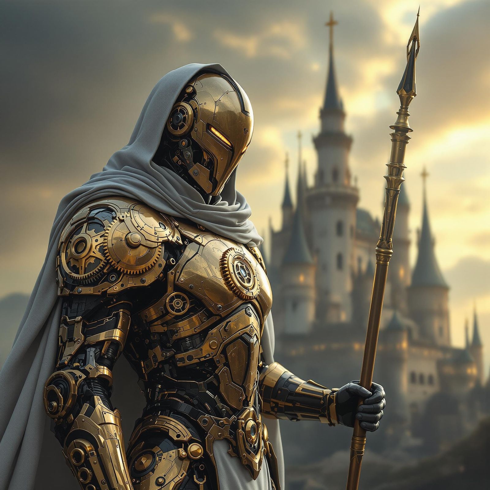 Clockwork Knight in Bronze Armor Amidst Castle Battlements
