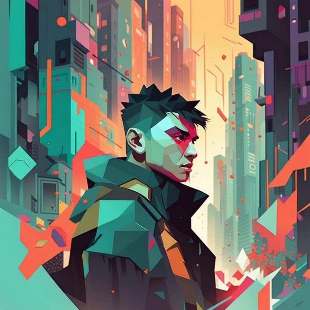 Blade Runner, style of sachin teng. Darek Zabrocki, greg rutkowski, asymmetrical, geometric shapes, graffiti, street art...