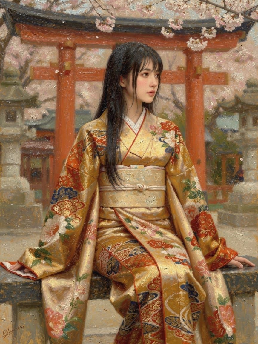 Elegant Woman in Yuzen Kimono, Digital Painting Style