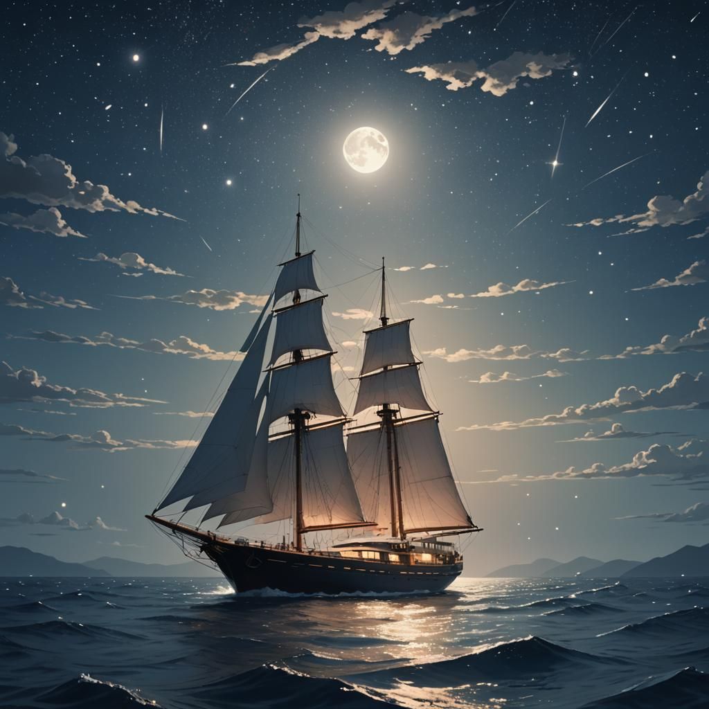 Majestic Yacht Sails Under Starry Moonlit Sky