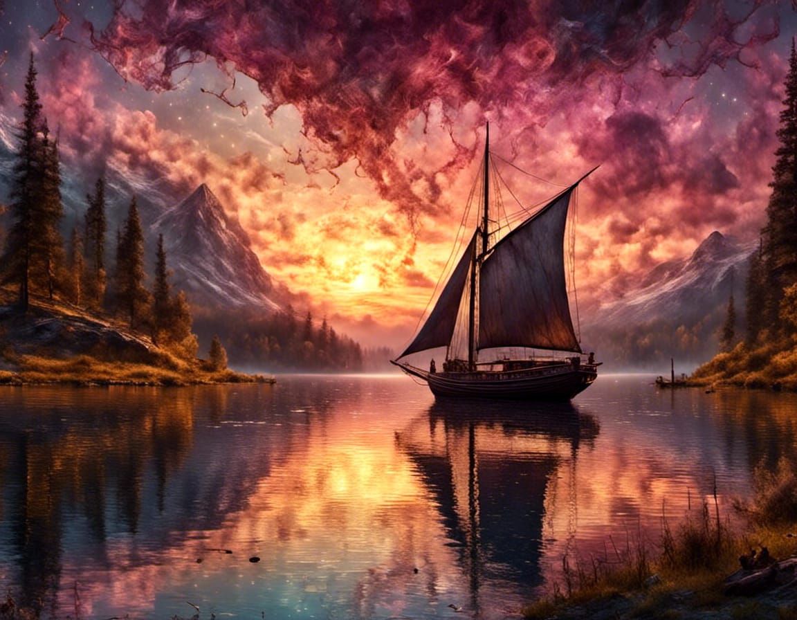 Schooner Sailboat on Calm Lake at Golden Hour