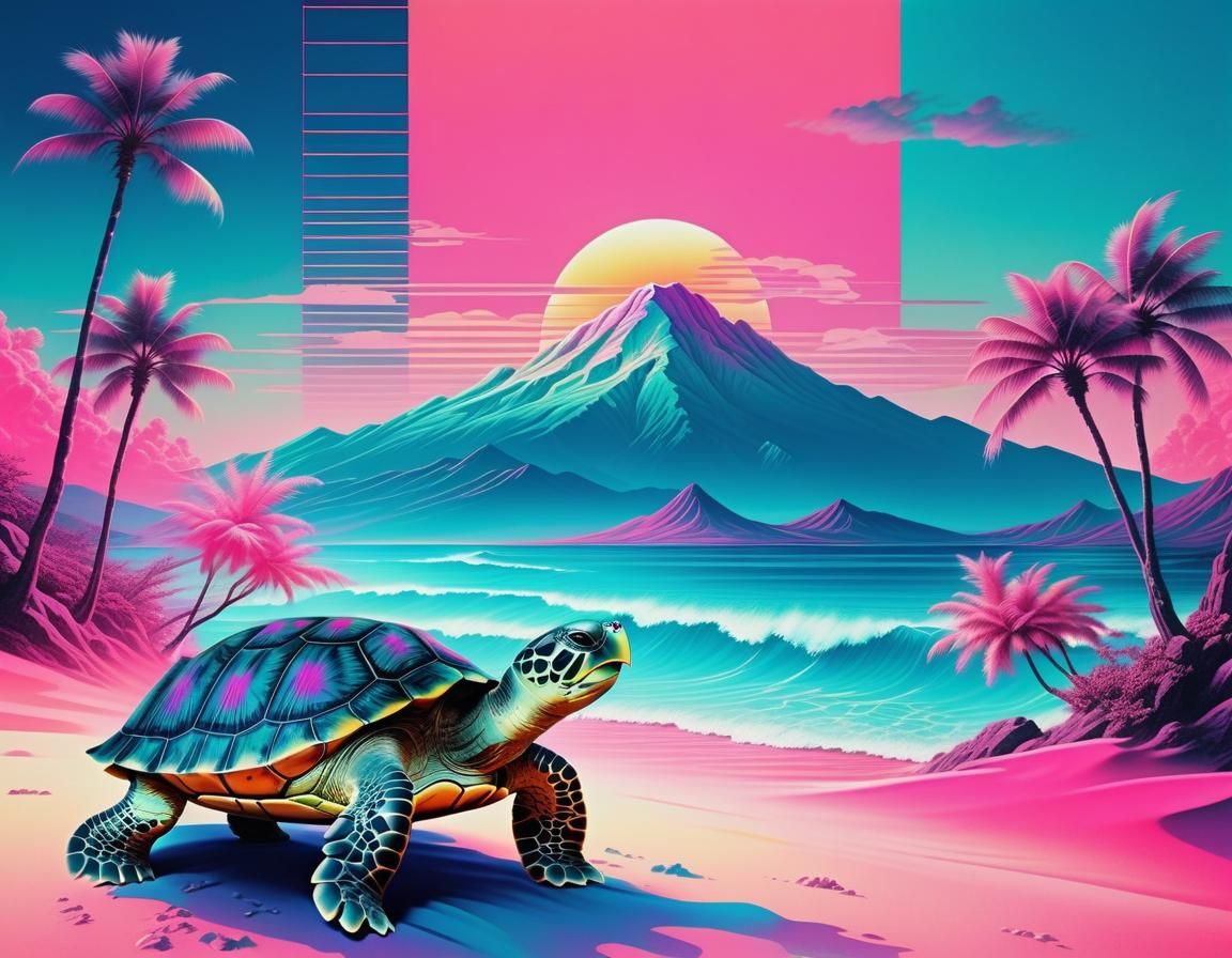 Vaporwave Beach with Retro-Futuristic Turtle