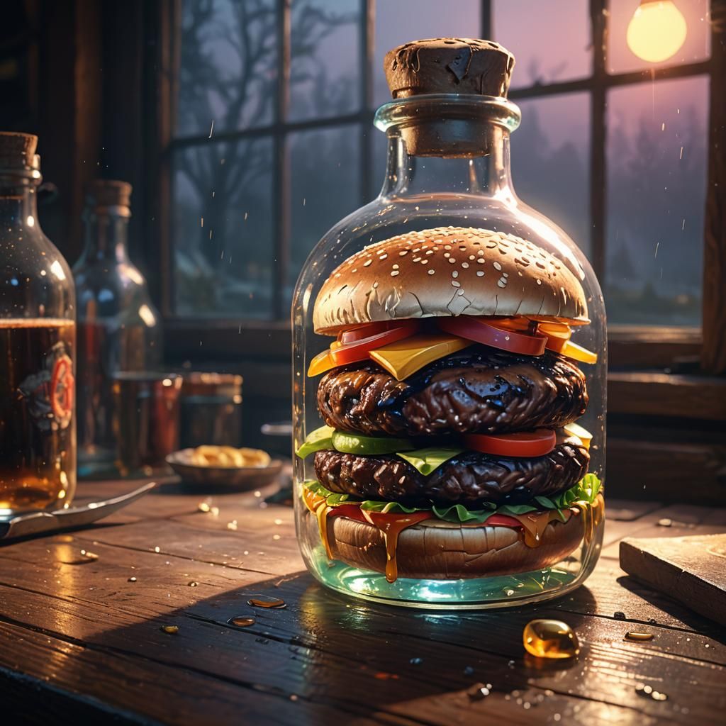 Hamburger in Mystical Bottle: Fantasy Concept Art