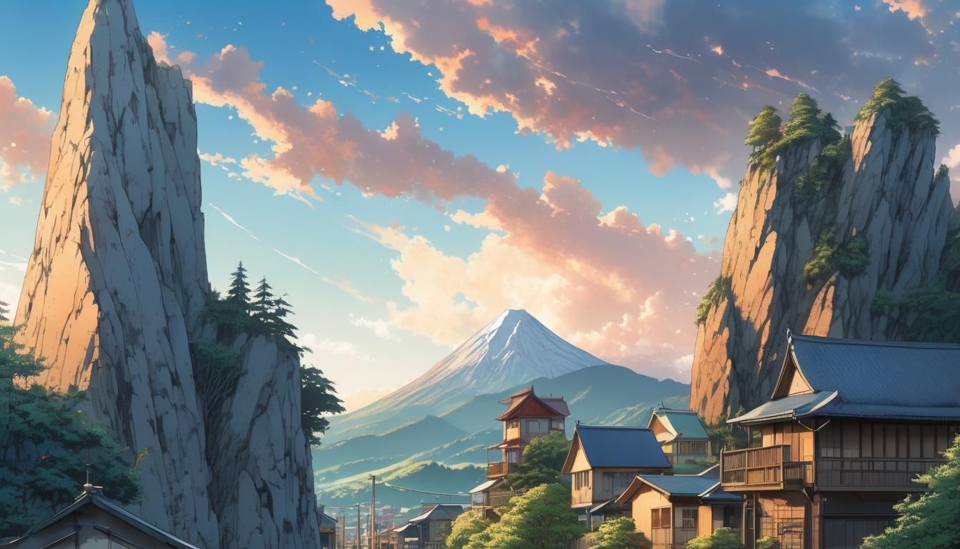 Anime Townscape with Mountains in Epic Manga Style