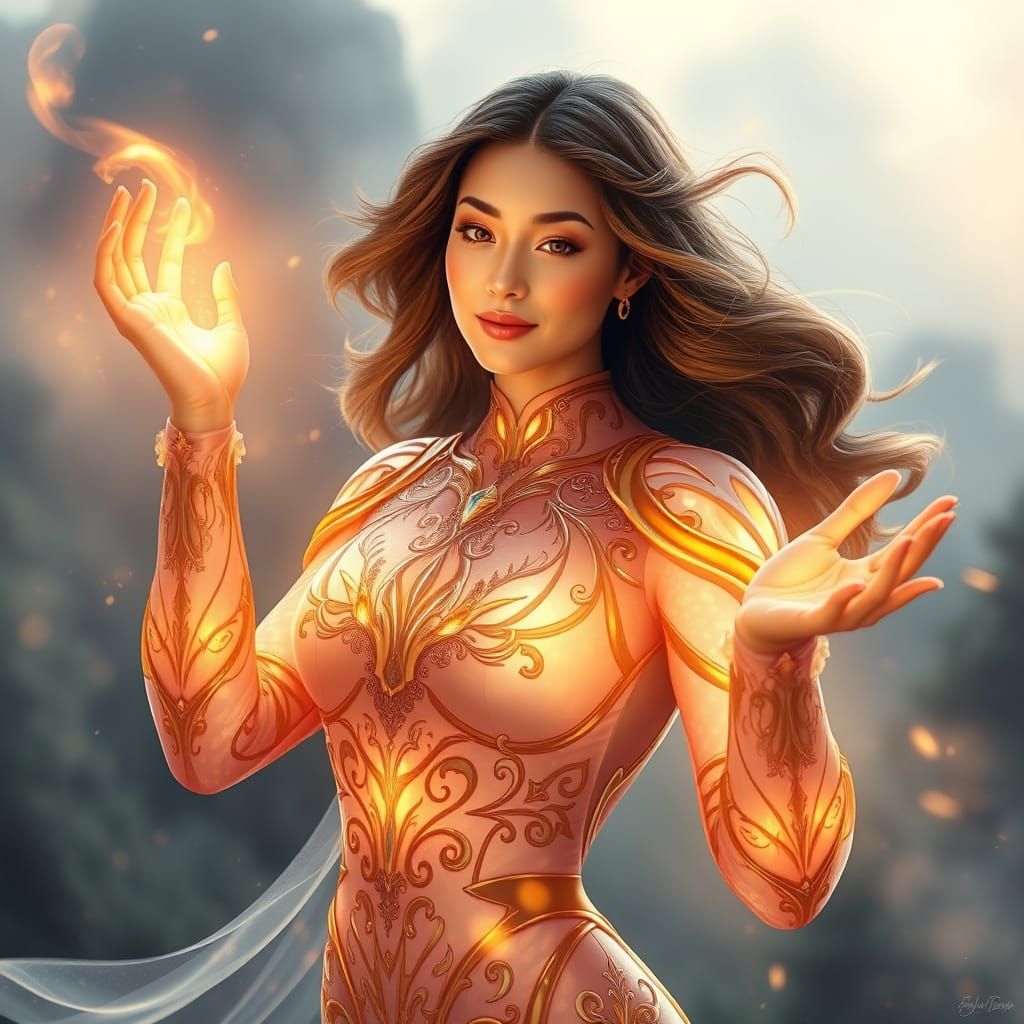 Glowing Female Superhero with Heartfelt Aura in Ethereal Lig...