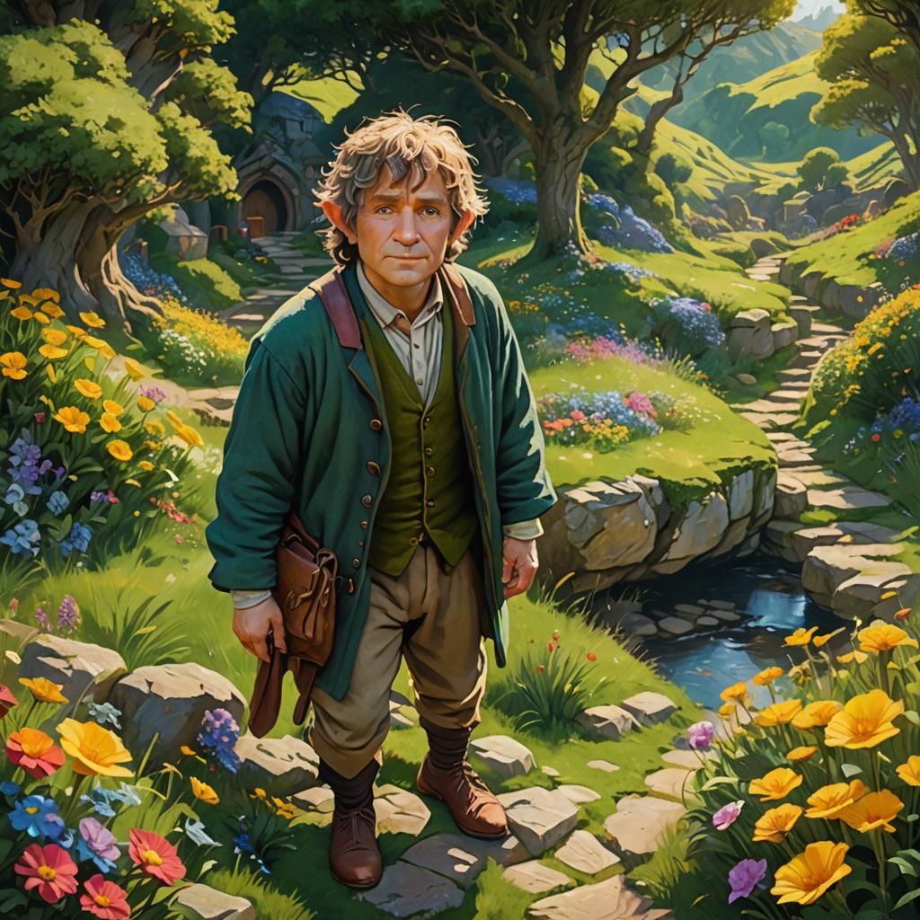Bilbo Baggins in Shire Meadow: Oil Painting