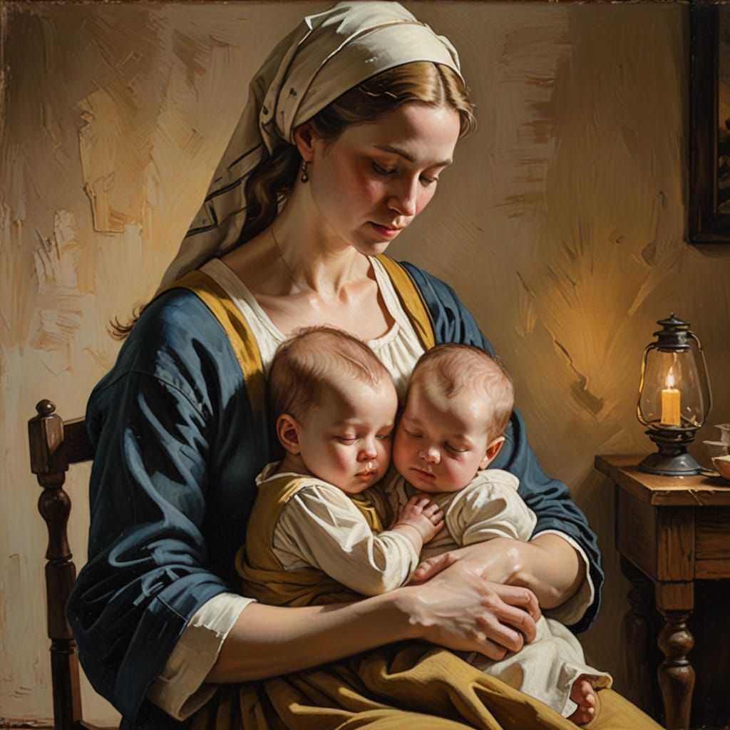 A Mother's Gentle Moment in Soft Vermeer-Inspired Light