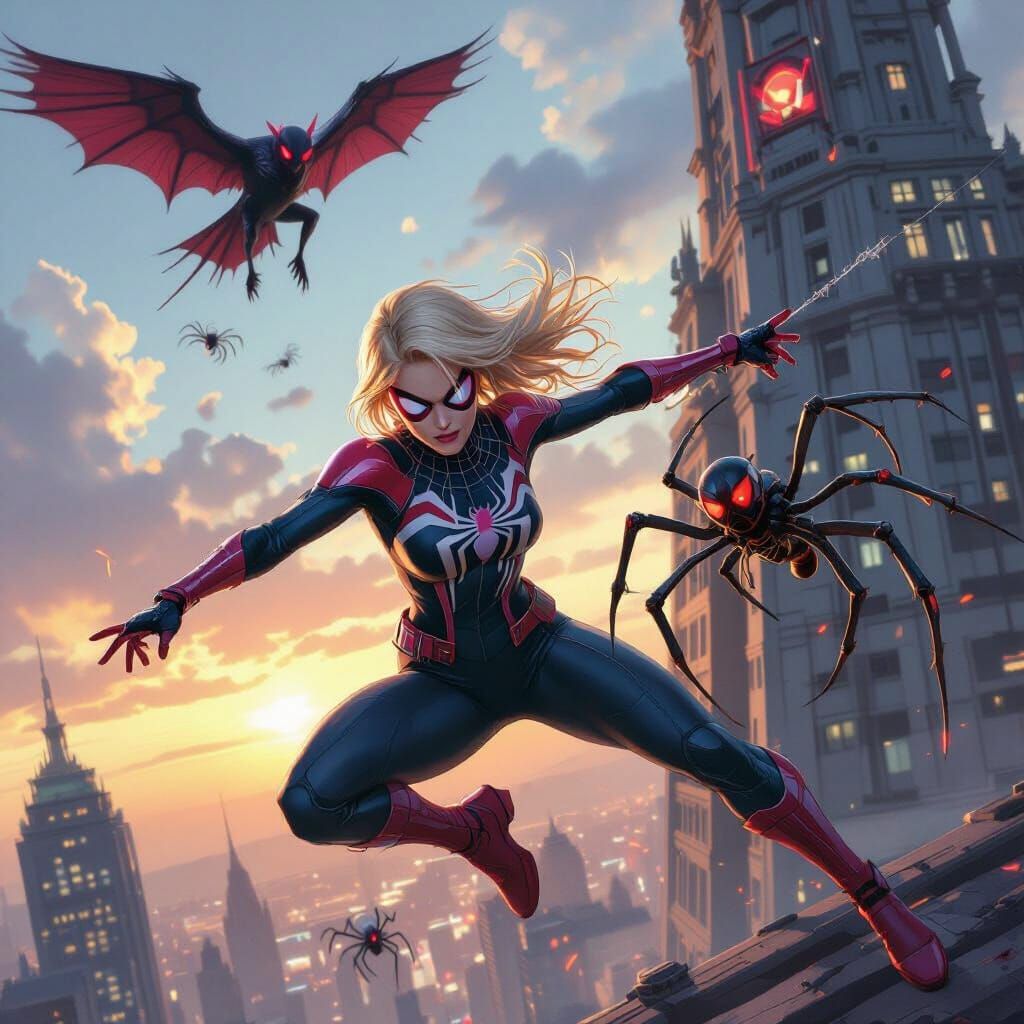 Spider-Woman Gwen Stacy Battles Robots Atop Oscorp Tower