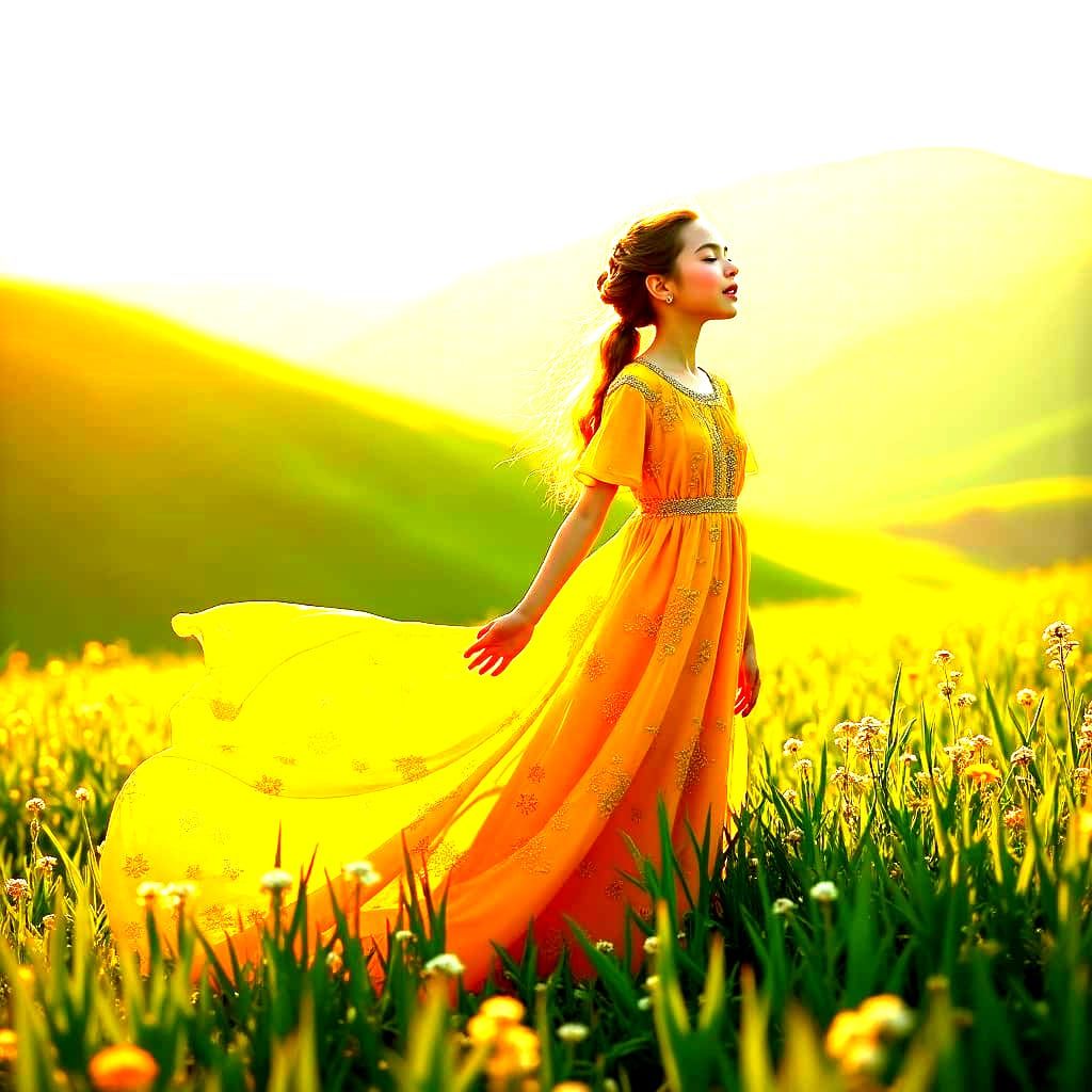 Girl in Golden Dress Sings in Lush Field