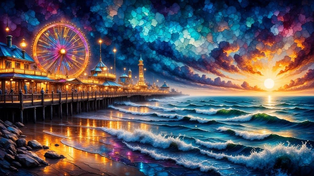 Enchanted Boardwalk Scene with Impasto Light Effects
