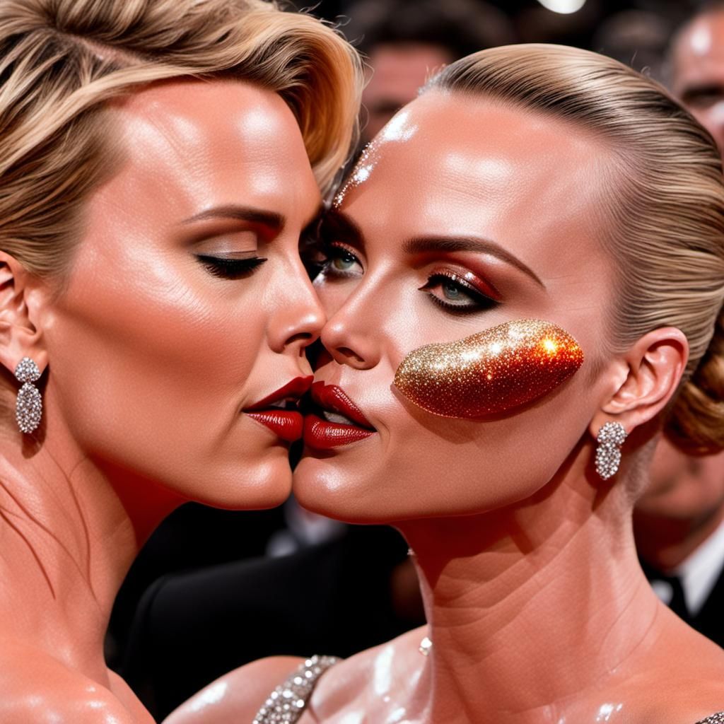 in my dream, Scarlett Johanssom was the fire girl and Charlize Theron was the ice girl (kissing: 1.5) | https://creator....