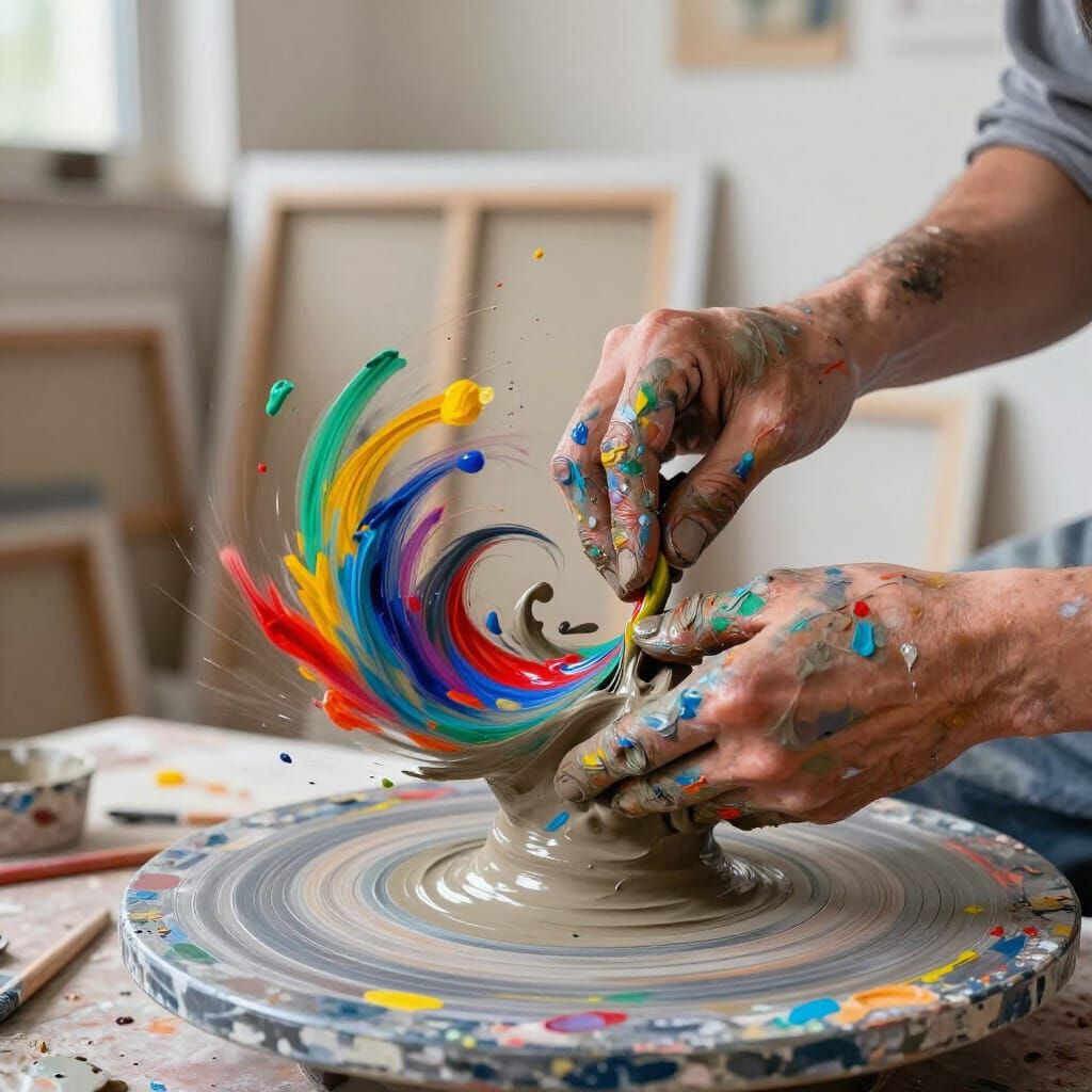 Artist's Hands Sculpting Color Vortex in Studio