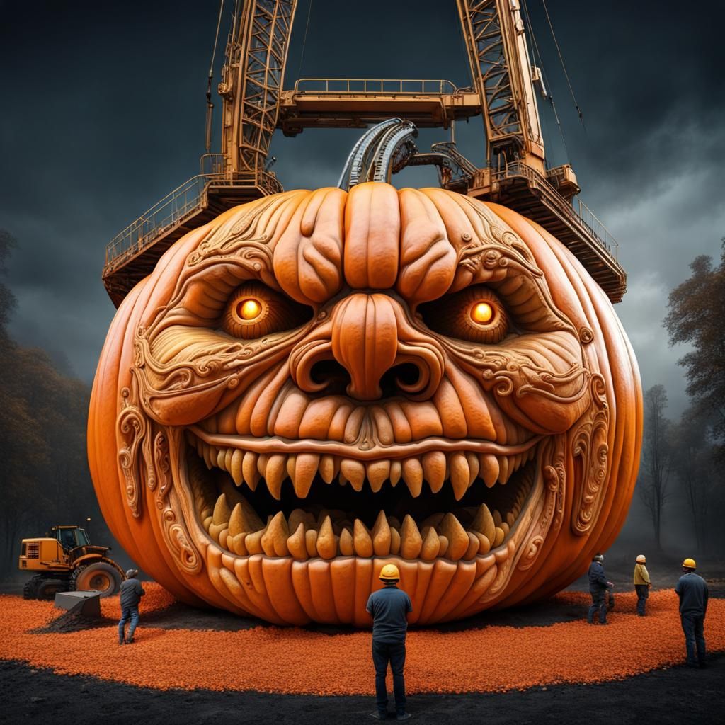 Giant pumpkin on construction site.