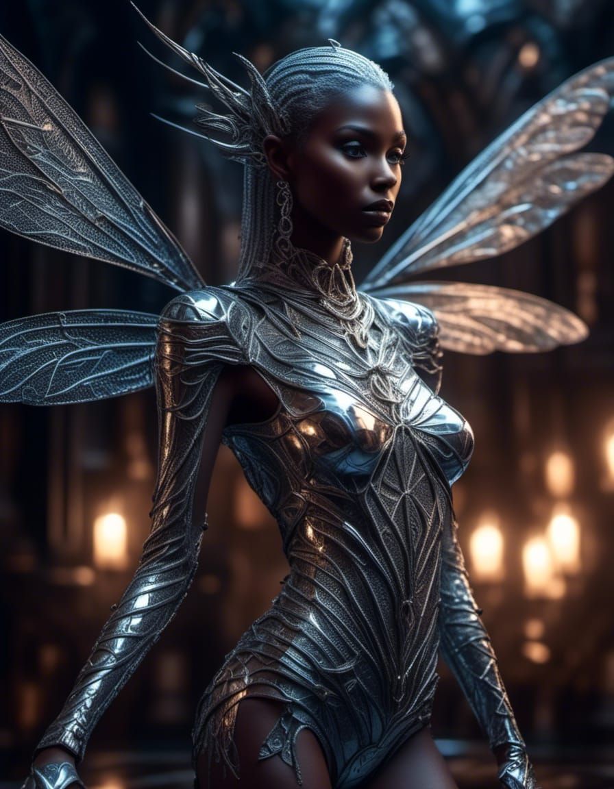 Dragonfly Winged Dark Elf Warrior in Hyperreal Style