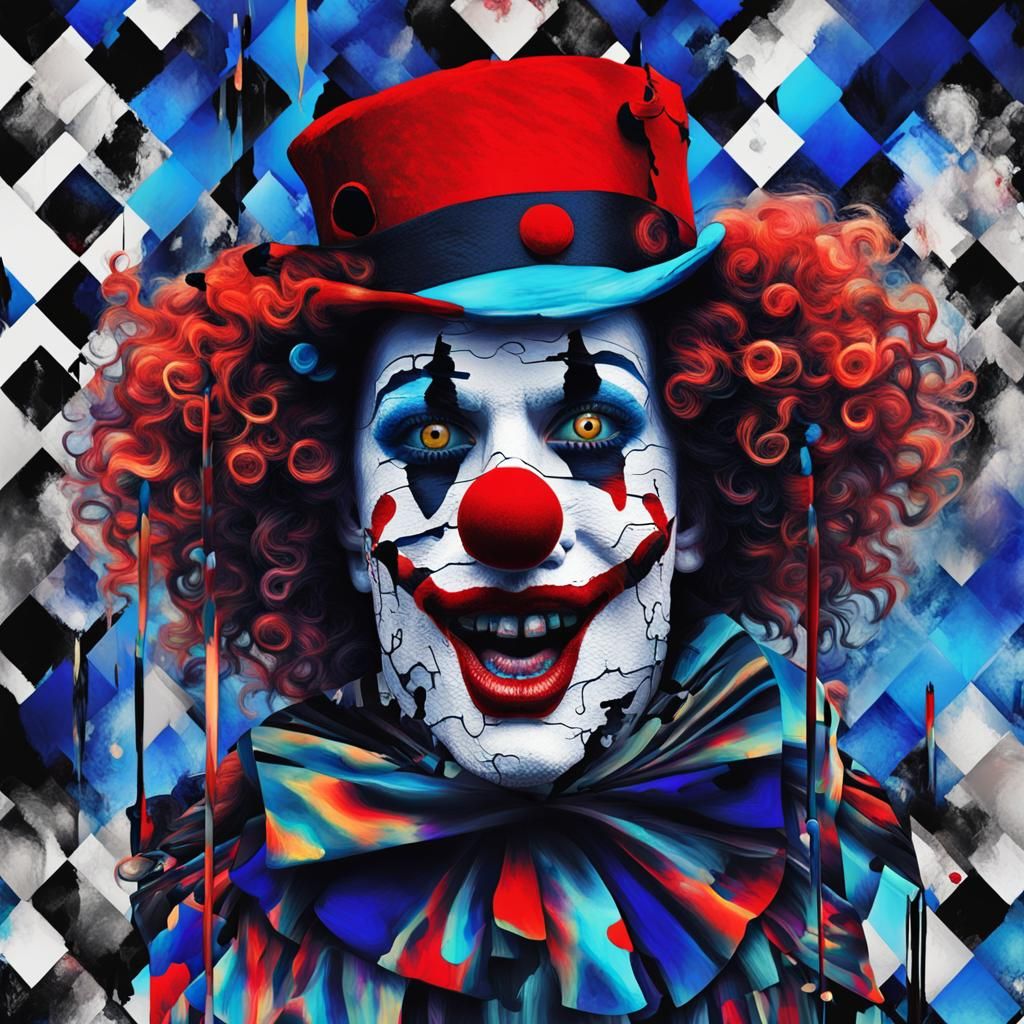 “(Glitch art pierrot clown ), abstract illustration alcohol ink distorted and glitchy,fragmented digital noise, vibrant ...