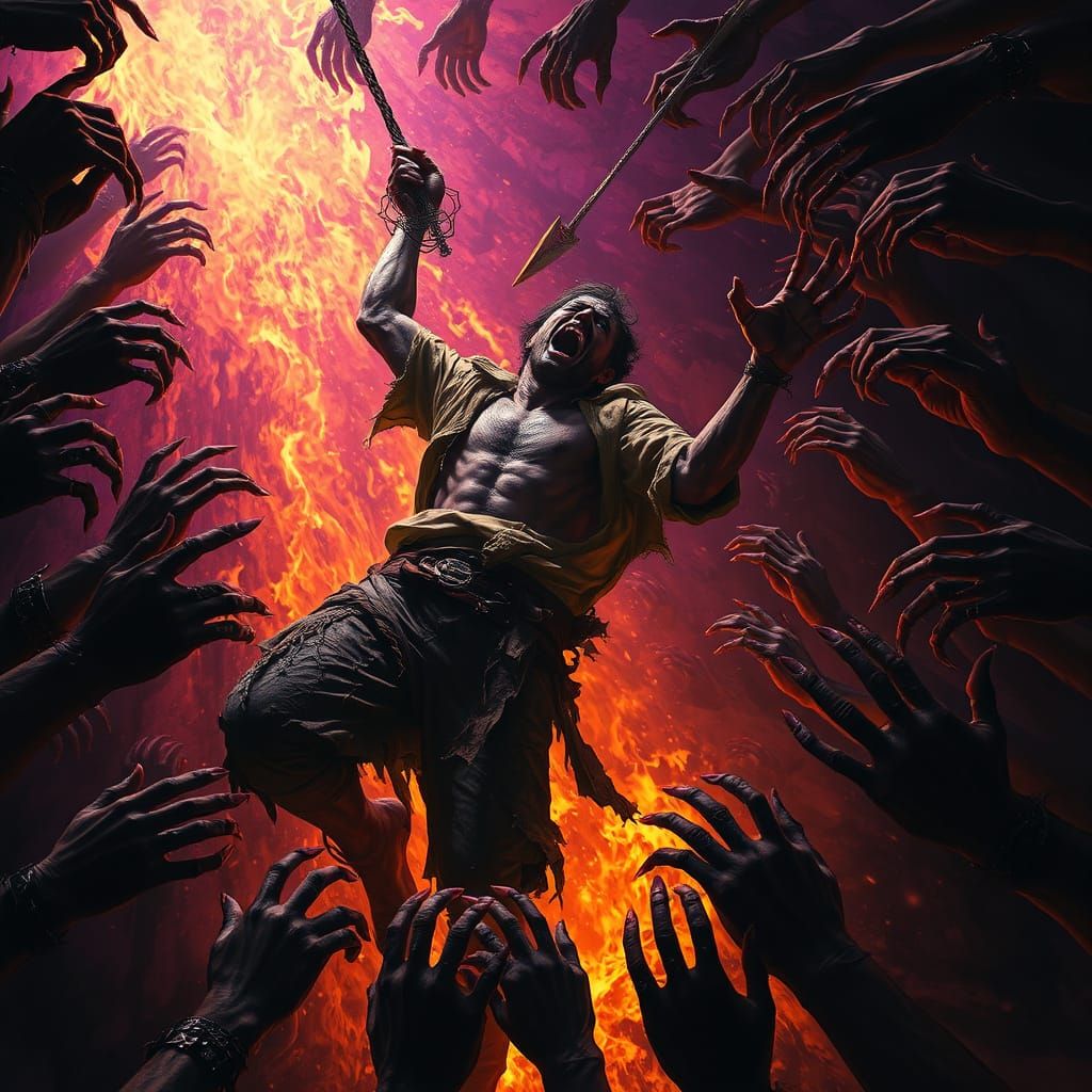 Tormented Man Dragged into Fiery Abyss: Dark Fantasy