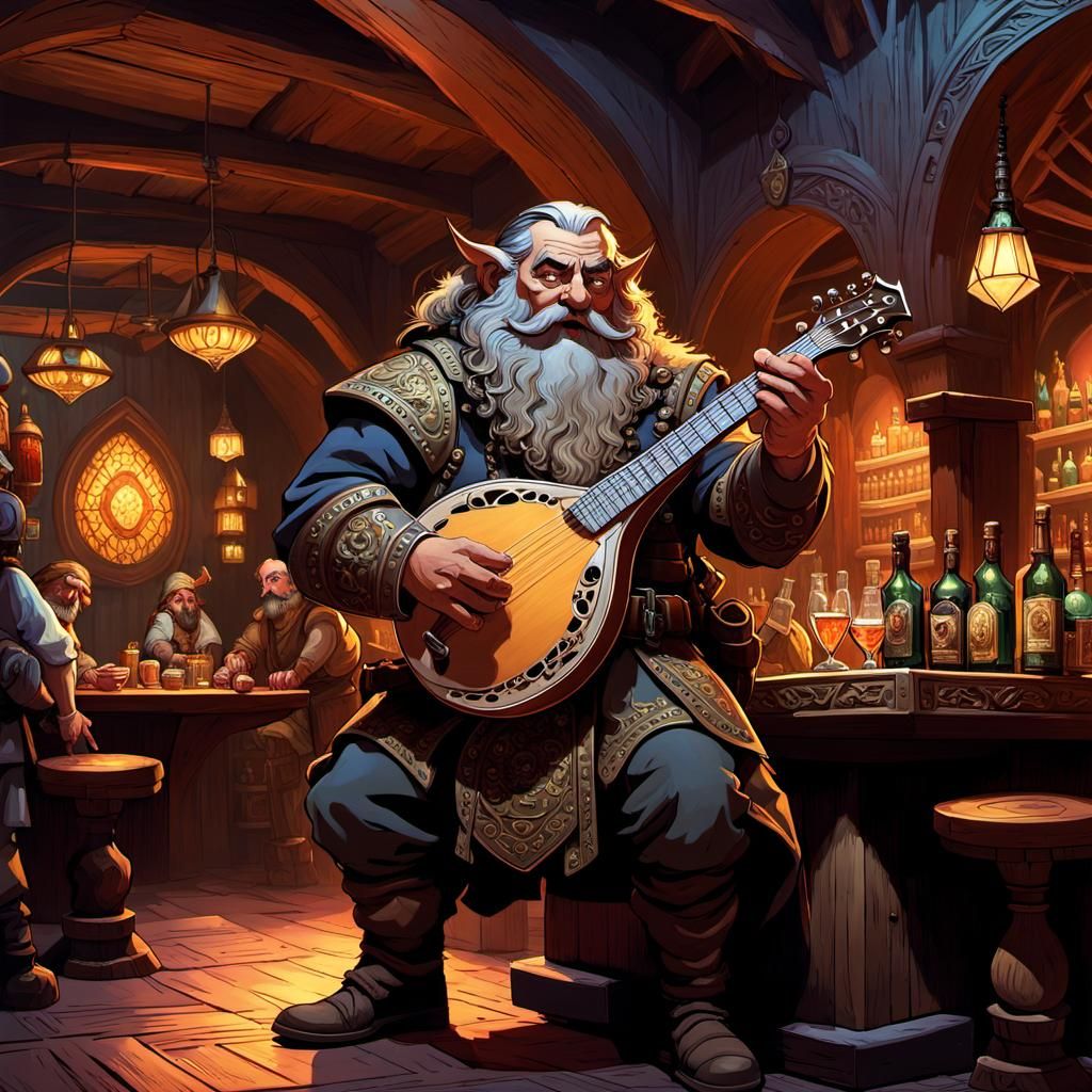 Dwarf Bard Plays Mandolin in Fantasy Tavern