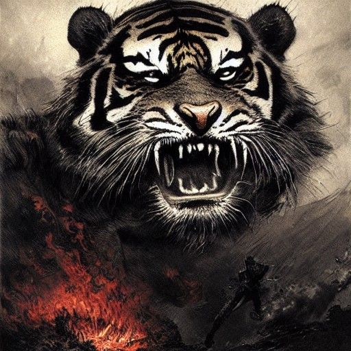 Fearsome Tiger Ablaze: A Horror Art Piece