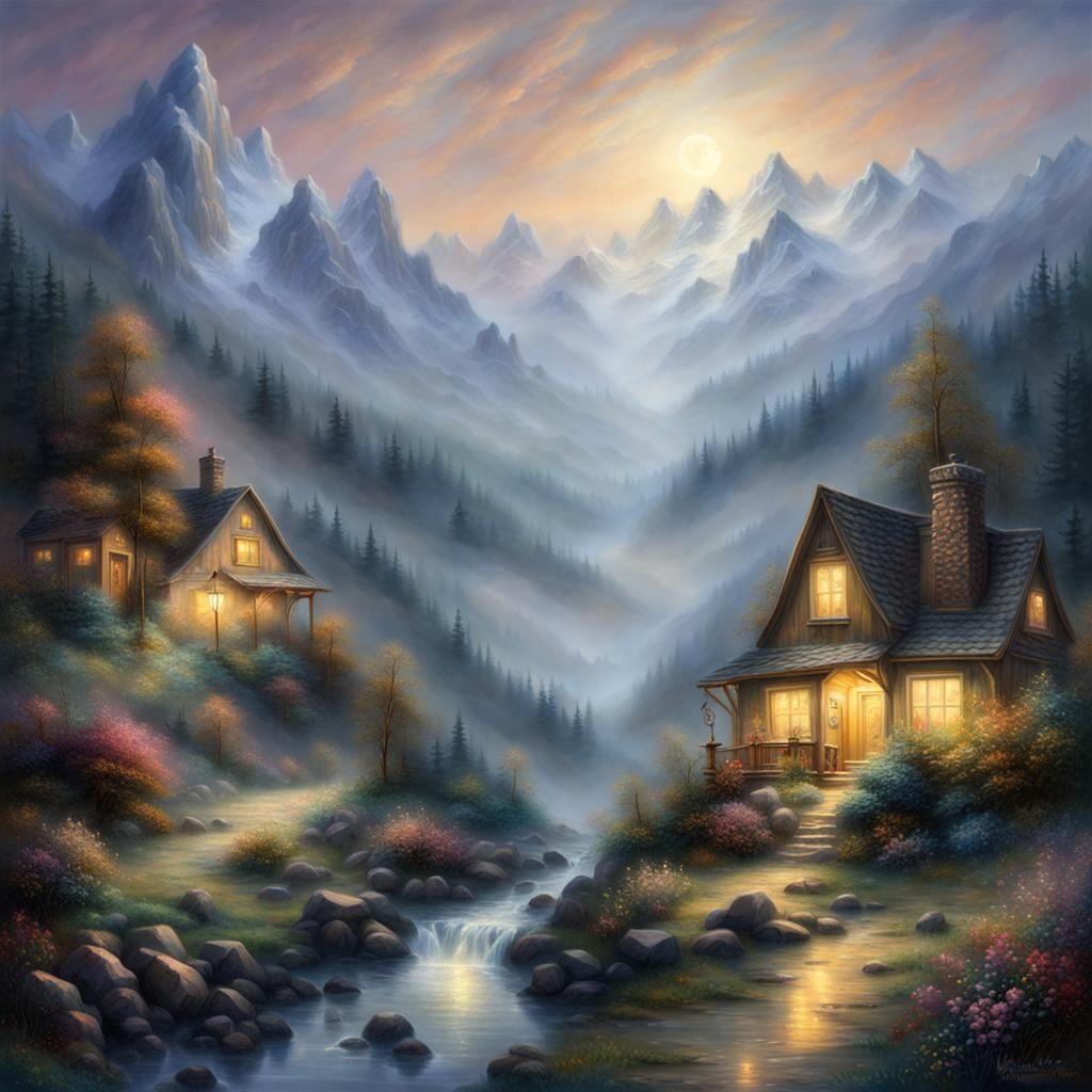 Ethereal Starry Night in Misty Mountains