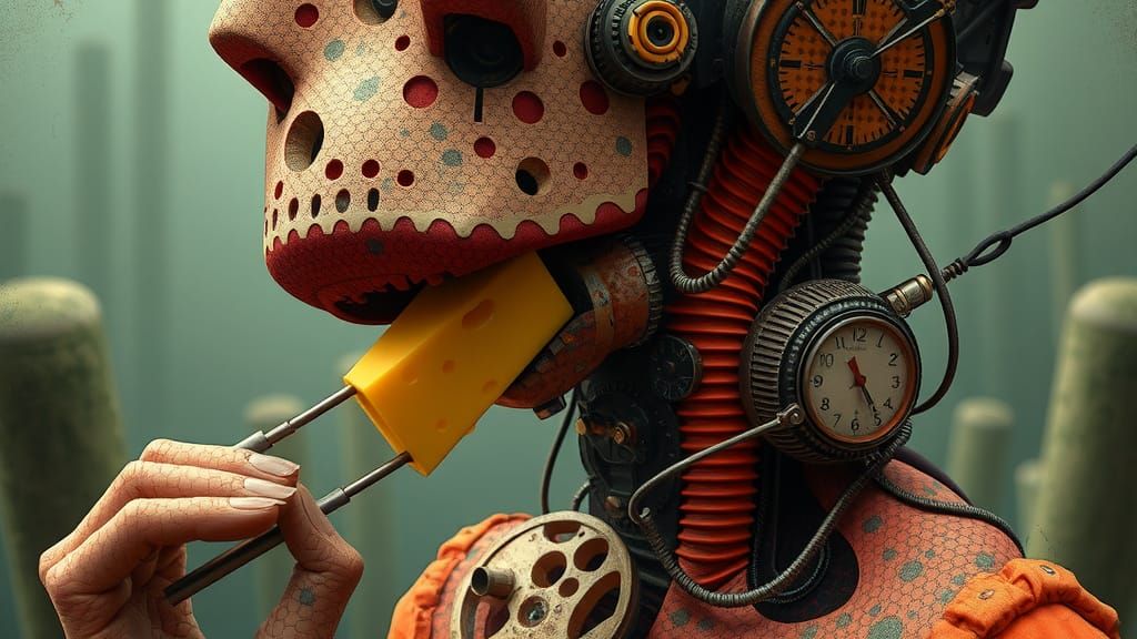 Surreal Dieselpunk Cheese Bite: Quirky Degraded Image