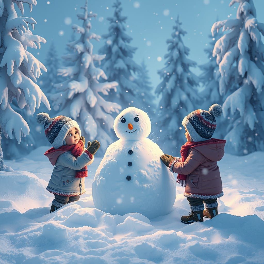 Winter Wonderland Snowman Scene in Vibrant Fantasy Style