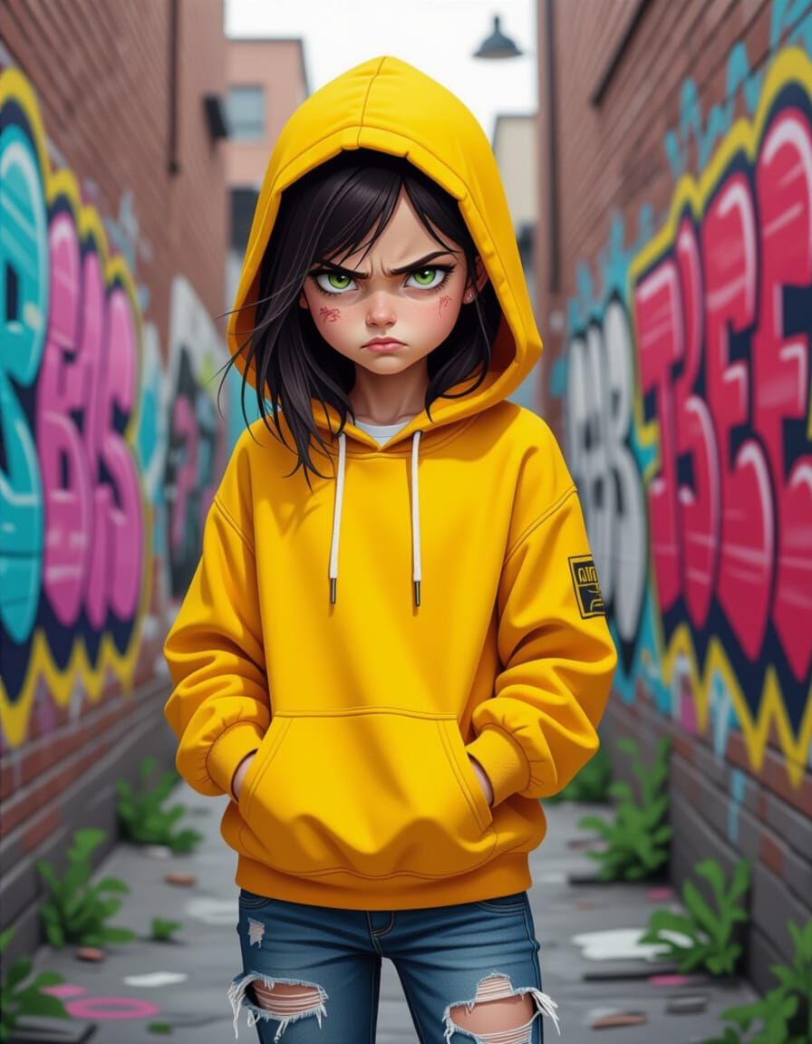 Grumpy Girl in Alleyway: Digital Art Style