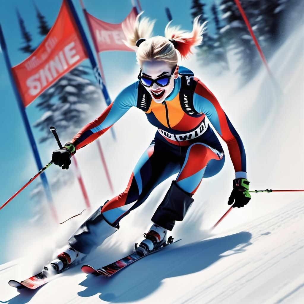 Harley Quinn skiing at high velocity, bet she will win