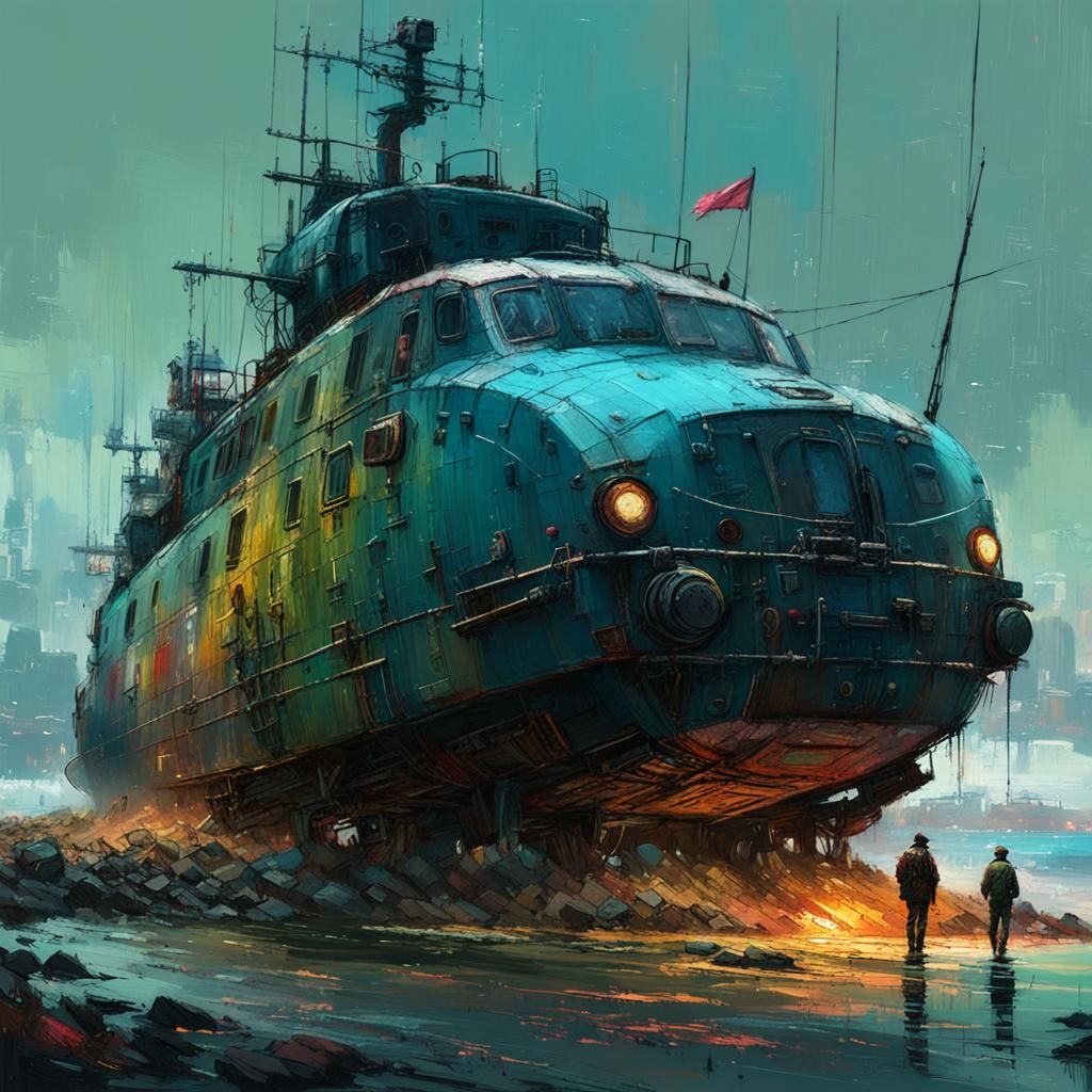 Detailed Submarine Painting in Vibrant Triadic Colors