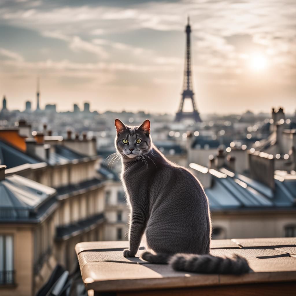 Gray Cat on Roof with Eiffel Tower: Photography