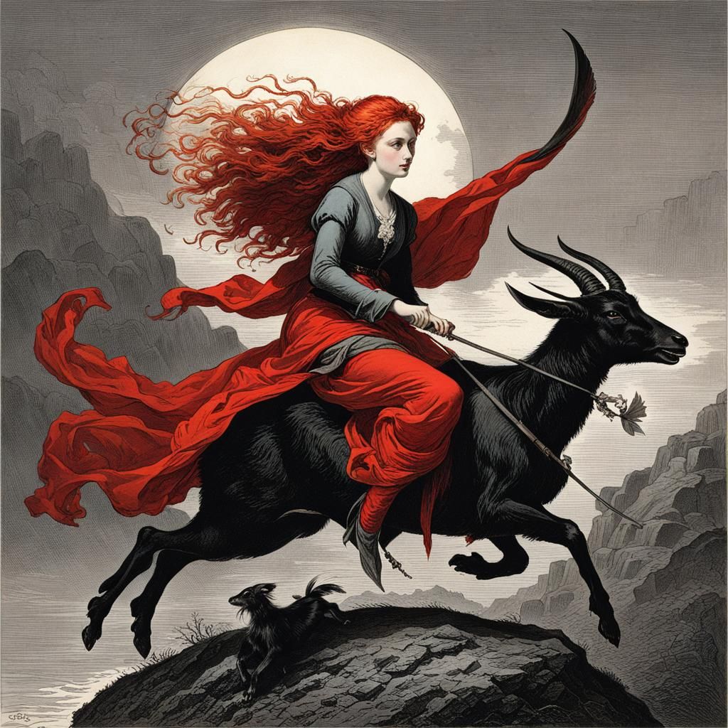 Red-Haired Witch Rides Goat in Sabbath