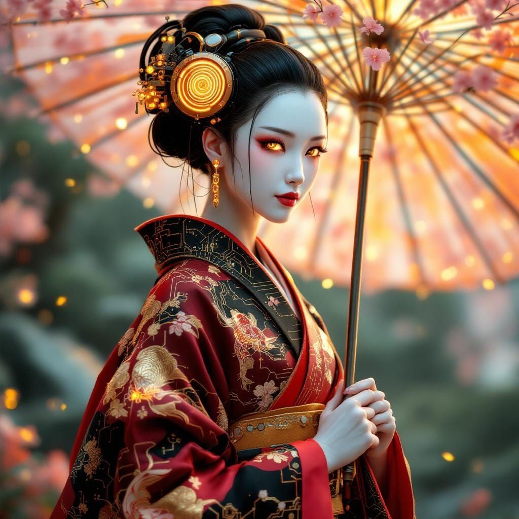 Cybernetic Geisha in Japanese Garden in Cyberpunk Style