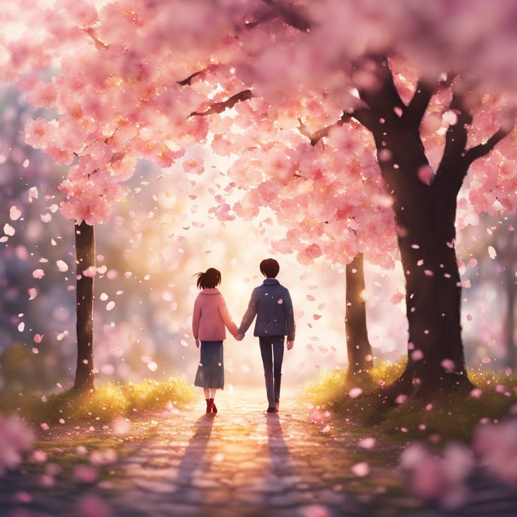 Romantic Cherry Blossom Scene in Impressionist Style