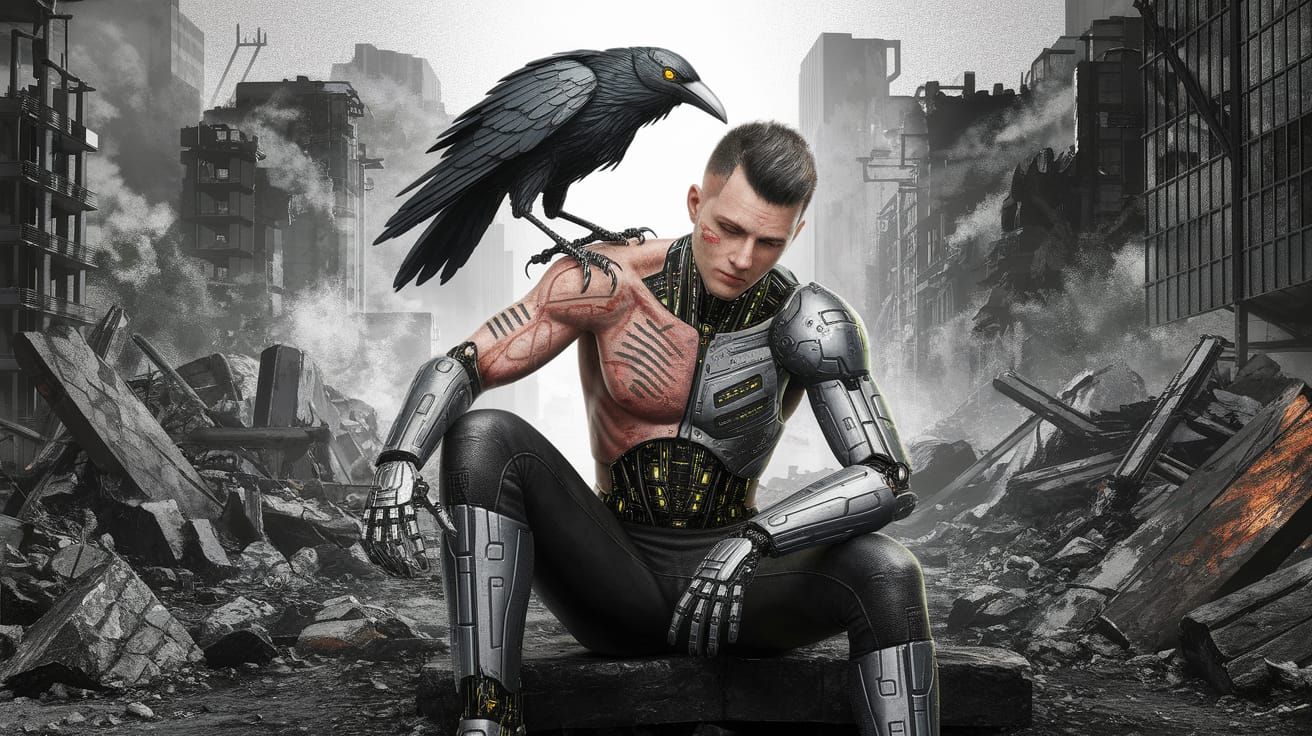 Cyborg in Post-Apocalyptic City with Robotic Crow