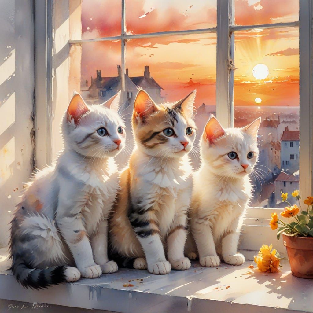 Kittens on Windowsill Sunset in Watercolor Style