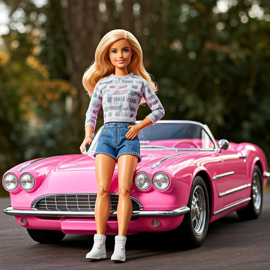 Ken Doll wears Barbie’s clothes and poses with her pink corv...