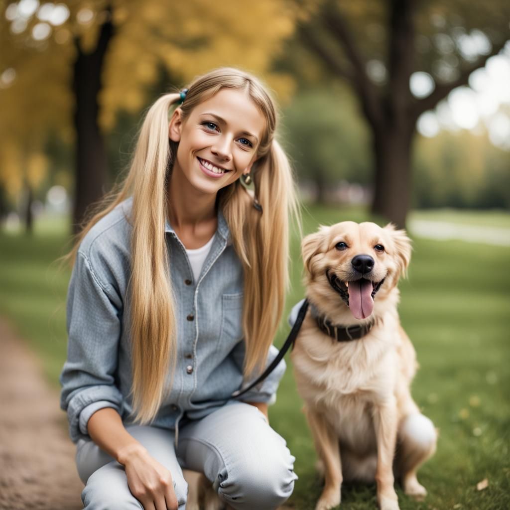 Woman with Dog in Park Smiling at Camera