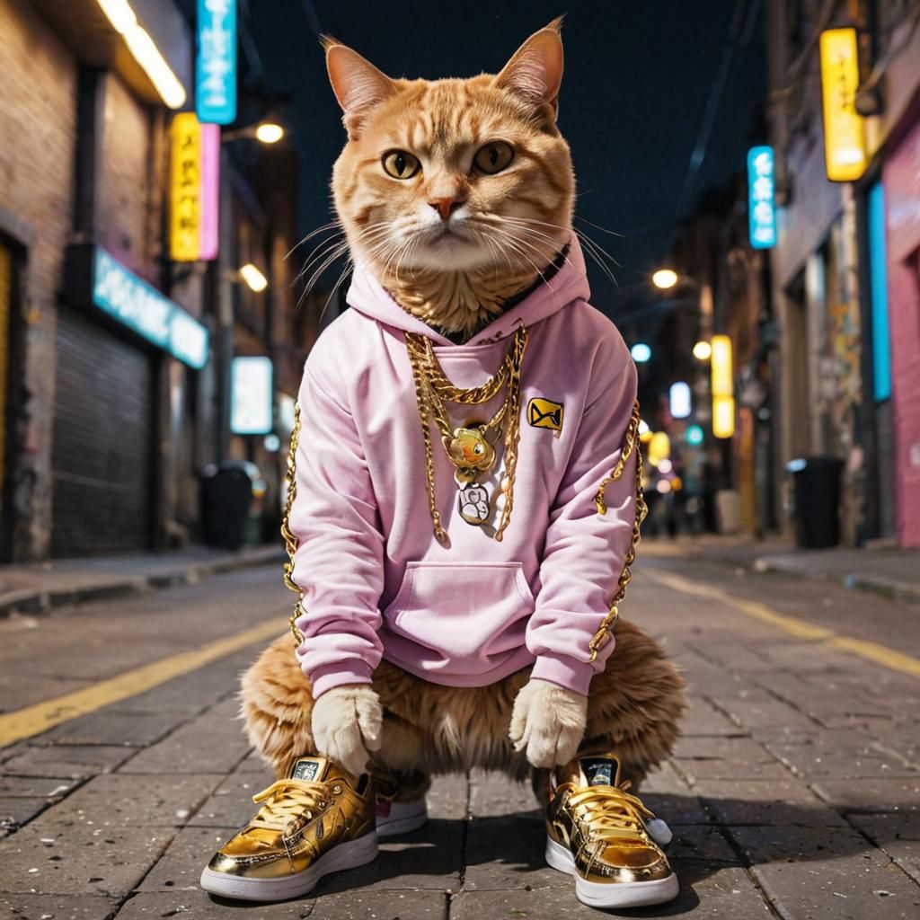 Cat Portrait in Streetwear Style with Gold Chains