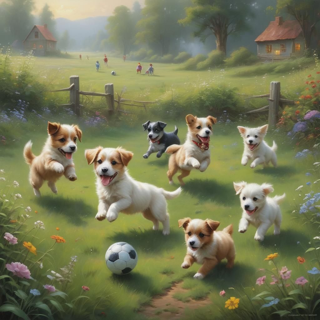 Puppies Play Soccer: Ethereal Oil Painting