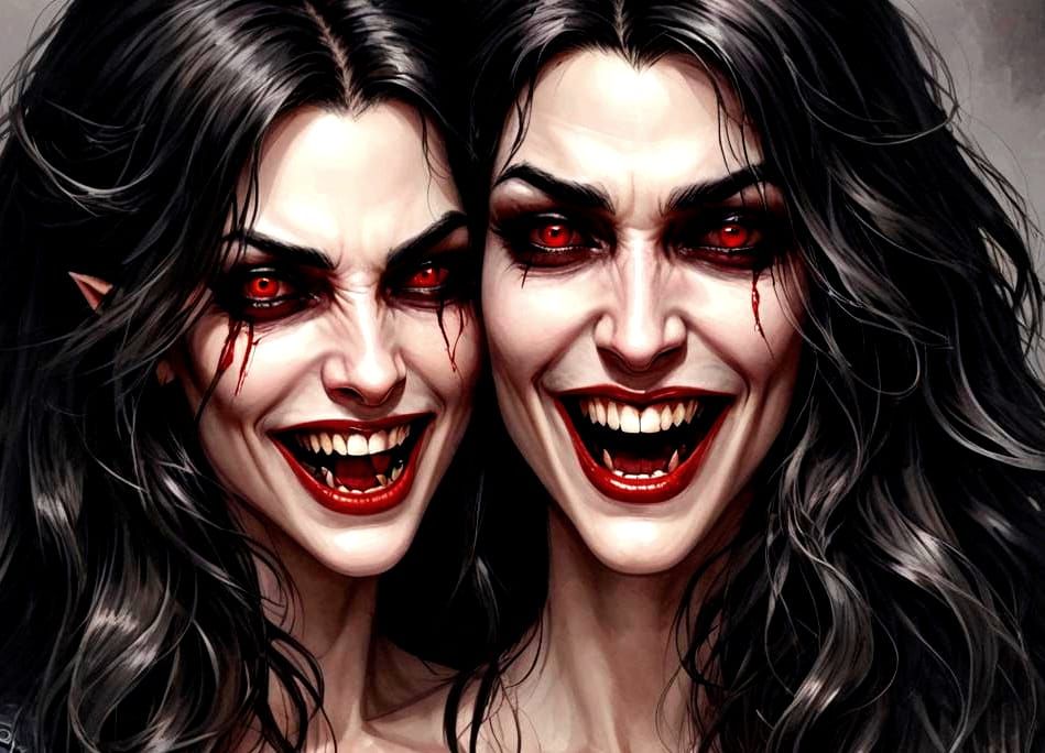 Vampire Twins Close-Up: Fangs and Evil Smiles
