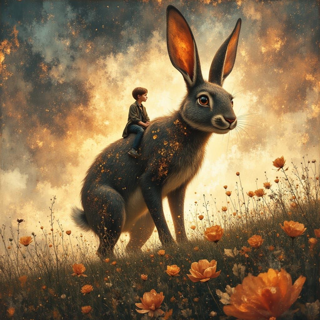 Giant Celestial Bunny and Boy in Nebula Sky