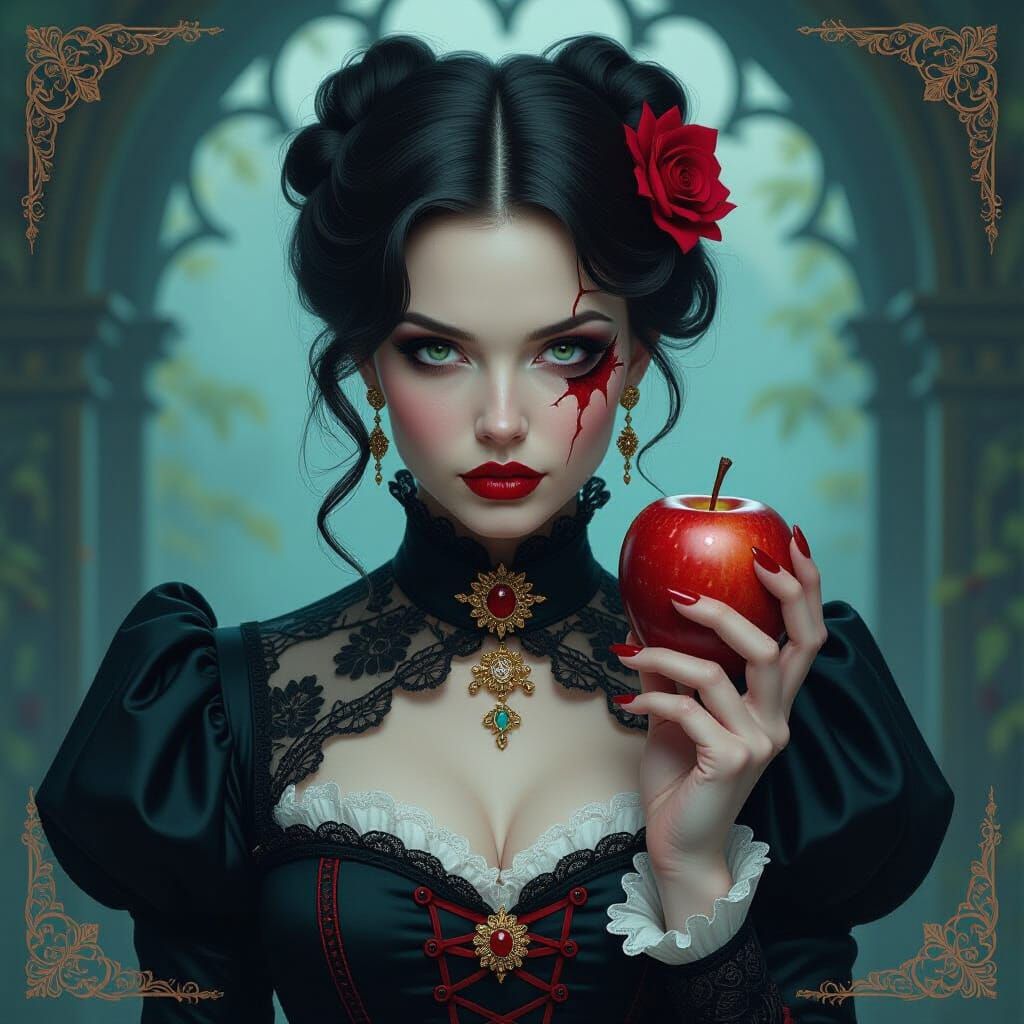 a striking woman with a cracked, porcelain-like face, holdin...